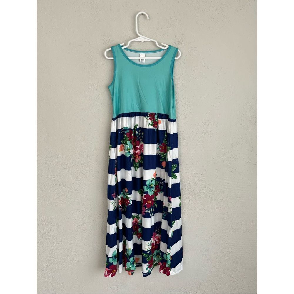 Pixie Girl Mint& White Floral Stripe Sleeveless Maxi Dress, Size 5/6